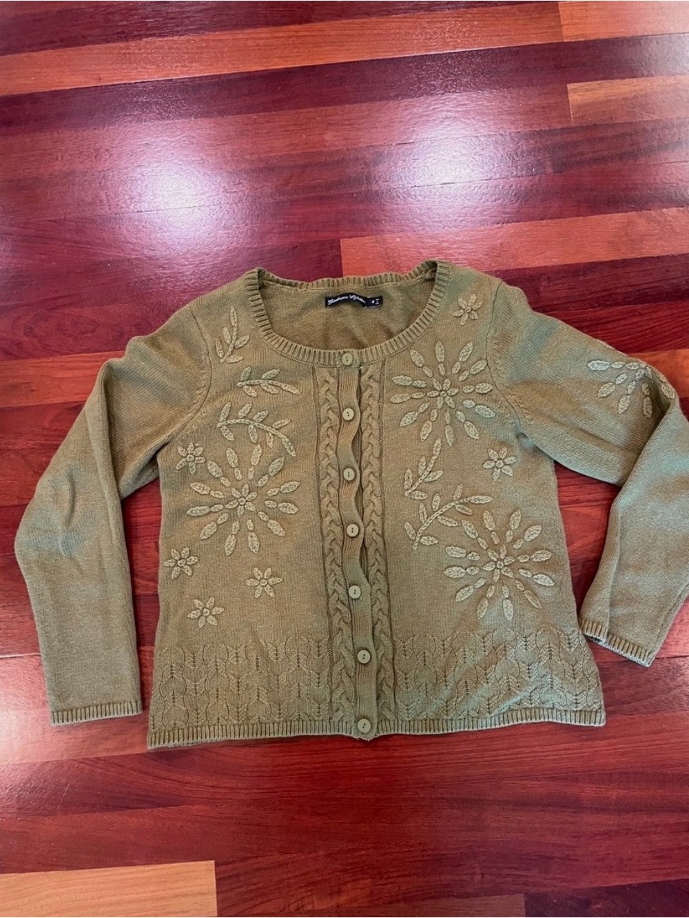 Gundrun Sjoden Olive Green Wool/Organic Cotton Cardigan with Floral Details Sz S